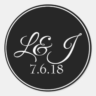 Pegatina Redonda Fecha de Boda e iniciales de parejas blancas y neg
