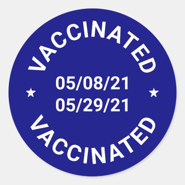 Pegatina Redonda Fechas de personalizado blanco azul cobalto vacuna (Anverso)