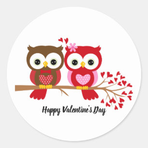 Pegatina Redonda Felices búhos de San Valentín