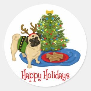 Pegatina Redonda Felices feriados Navidades renos Pegatinas de Pug