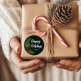 Pegatina Redonda Felices Fiestas Acuarela Pino Verde Invernal