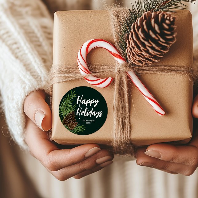 Pegatina Redonda Felices Fiestas Acuarela Pino Verde Invernal (Subido por el creador)