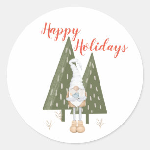 Pegatina Redonda Felices Fiestas Árboles Gnome Escandinavos