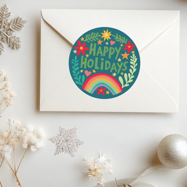 Pegatina Redonda Felices Fiestas Arcoiris Cuto Colorido dibujado a  (Happy Holidays Rainbow Cute Hand-drawn Colorful Classic Round Sticker
)