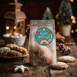 Pegatina Redonda Felices Fiestas Arcoiris Cuto Colorido dibujado a 