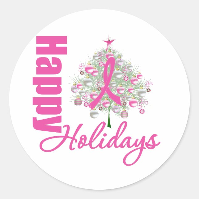 Pegatina Redonda Felices fiestas Cáncer de Mama Cinta Rosa (Anverso)