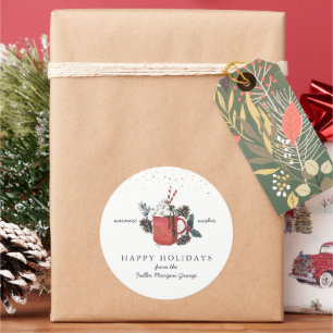 Pegatina Redonda Felices Fiestas Clásico Chocolate Caliente de Na