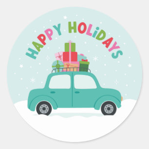 Pegatina Redonda Felices Fiestas Coche con Regalos en Azul Acuático