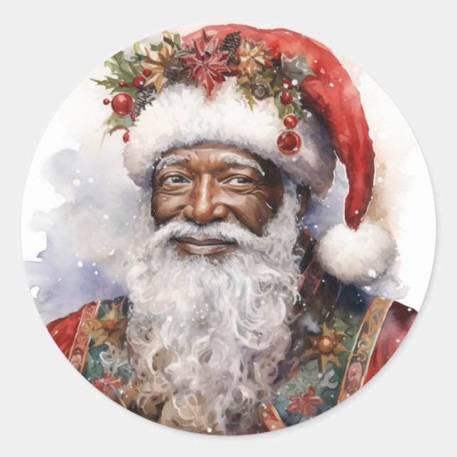 Pegatina Redonda Felices fiestas con Papá Noel Negro (Anverso)