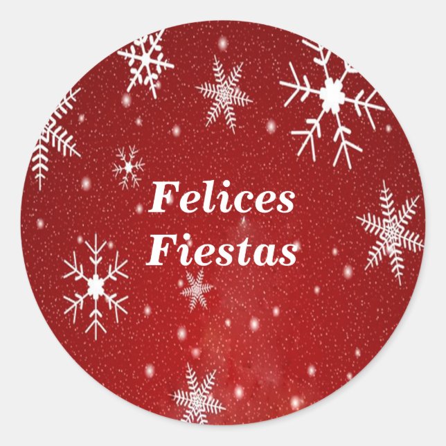 Pegatina Redonda Felices Fiestas Copas de Nieve con Pegatinas Rojos (Anverso)