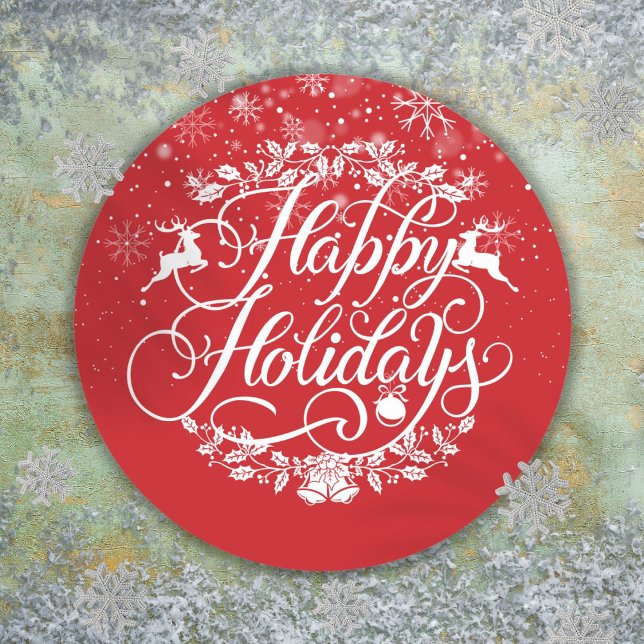 Pegatina Redonda Felices Fiestas Copos de Nieve Navidad Roja (Happy Holidays Snowflakes Red Christmas Classic Round Sticker)