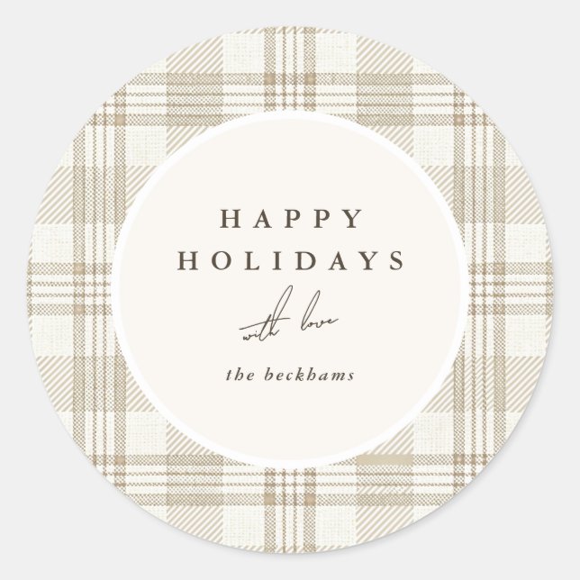 Pegatina Redonda Felices Fiestas de Gingham Beige Suave (Anverso)