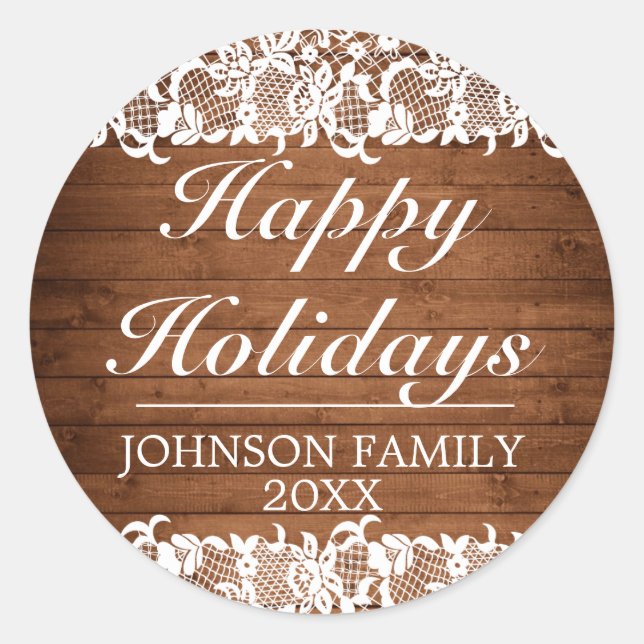 Pegatina Redonda Felices Fiestas de Madera Rusa y Lace Blanca (Anverso)
