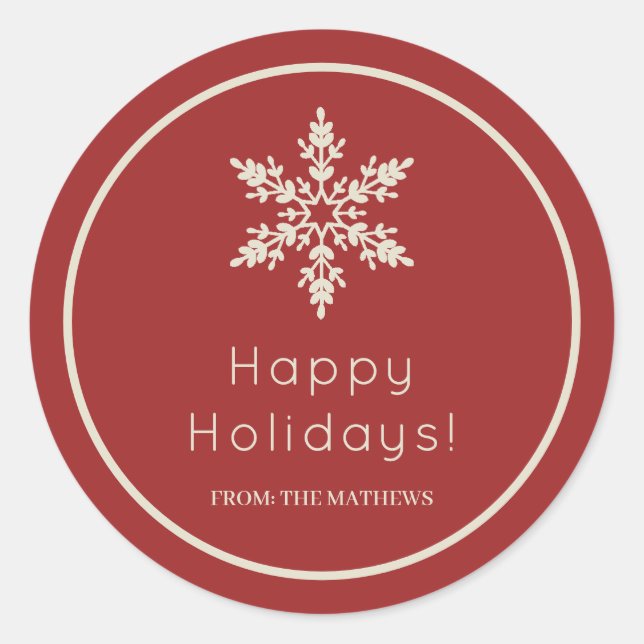 Pegatina Redonda Felices Fiestas de Navidad Copo de Nieve Rojo y Cr (Anverso)