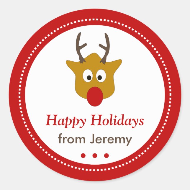 Pegatina Redonda Felices fiestas de Navidades de renos (Anverso)