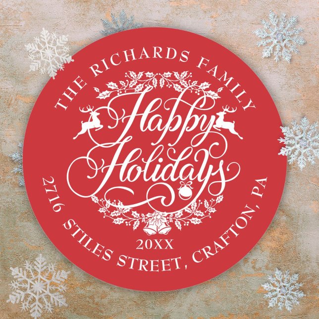 Pegatina Redonda Felices Fiestas Dirección de Devolución Elegante N (Happy Holidays Return Address Elegant Christmas Classic Round Sticker)