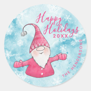 Pegatina Redonda Felices Fiestas Elegantes Navidades de Gnome Rosa 