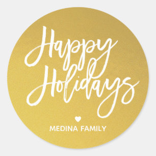 Pegatina Redonda Felices Fiestas en letra blanca y dorada
