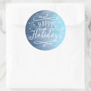 Pegatina Redonda Felices Fiestas Escritura Moderna Acuarela Azul