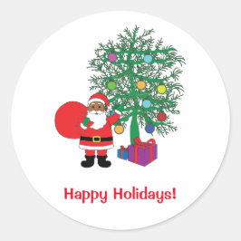 Pegatina Redonda Felices fiestas Familia de Papá Noel afroamericano