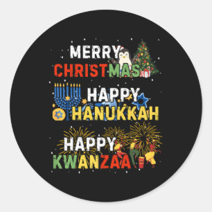 Pegatina Redonda Felices Fiestas Feliz Navidad Feliz Hanukkah Happ