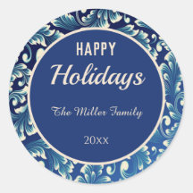 Felices fiestas, hojas de damasco en azul