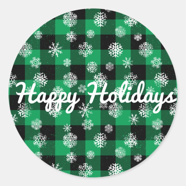 Pegatina Redonda Felices fiestas l Snowflakes Green Buffalo Plantad (Anverso)