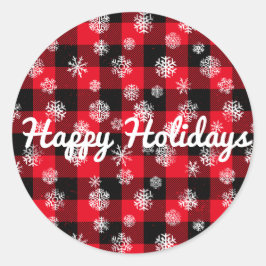 Pegatina Redonda Felices fiestas l Snowflakes Red Buffalo Plantado