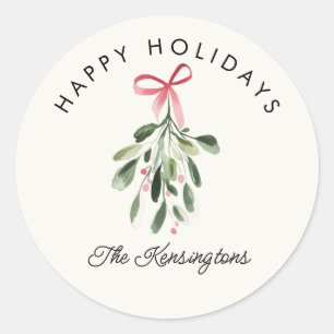 Pegatina Redonda Felices Fiestas Muérdago con Apellido de Familia P