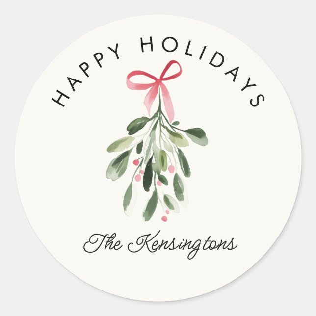 Pegatina Redonda Felices Fiestas Muérdago Nombre de Familia Persona (Anverso)