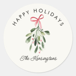 Pegatina Redonda Felices Fiestas Muérdago Nombre de Familia Persona