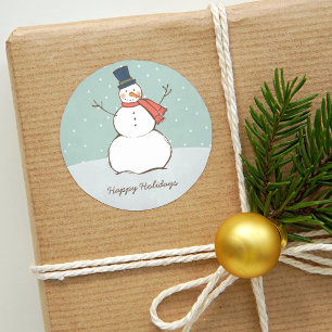 Pegatina Redonda Felices Fiestas Muñeco de Nieve Invierno Aqua Vint