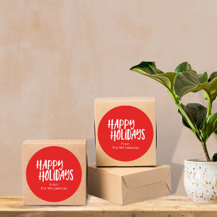 Pegatina Redonda Felices Fiestas   Navidad Personalizada en Rojo Ne