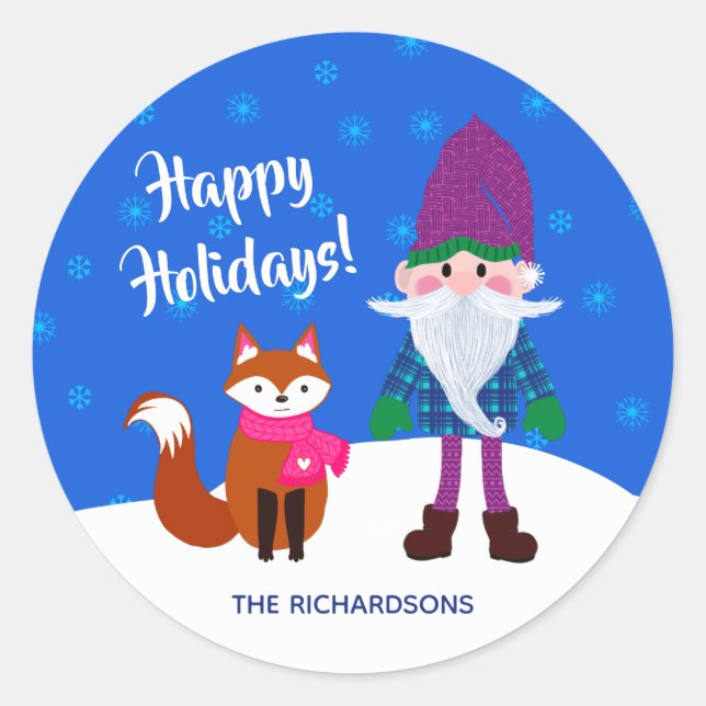 Pegatina Redonda Felices fiestas Navidades Gnome Fox Snowflakes Blu (Anverso)