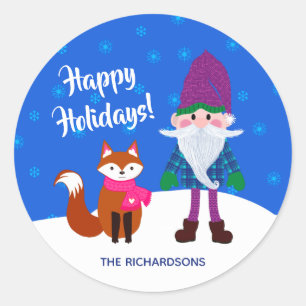 Pegatina Redonda Felices fiestas Navidades Gnome Fox Snowflakes Blu