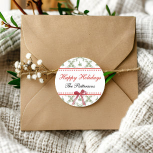 Pegatina Redonda Felices Fiestas Navidades Mistletoe Red Bow Person