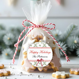 Pegatina Redonda Felices Fiestas Navidades Mistletoe Red Bow Person