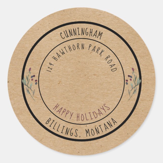 Pegatina Redonda Felices fiestas Navidades Rústico Berries Seal (Anverso)