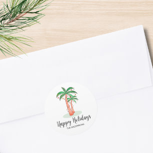 Pegatina Redonda Felices Fiestas Navidades Tropical Palm Tree