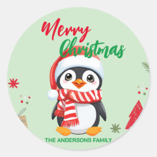 Pegatina Redonda Felices fiestas navideñas en el pingüino de Santa 