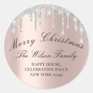 Pegatina Redonda Felices fiestas navideñas RSVP Rosa gris plata