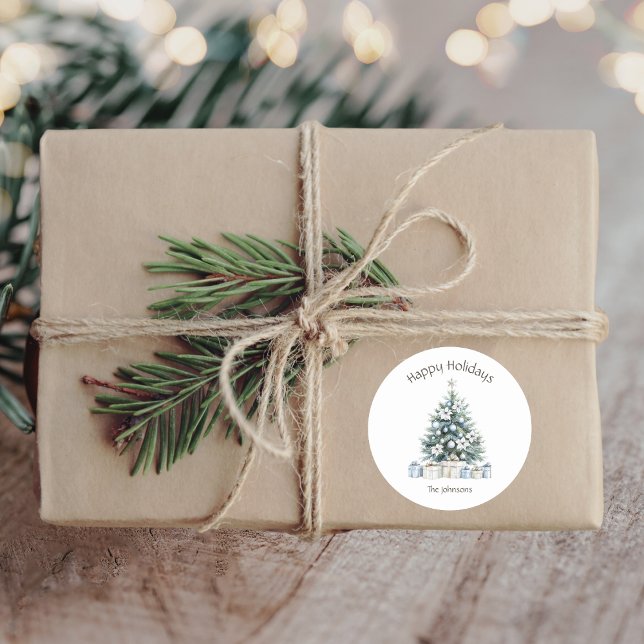 Pegatina Redonda Felices Fiestas nombre de familia de árbol de navi (Subido por el creador)