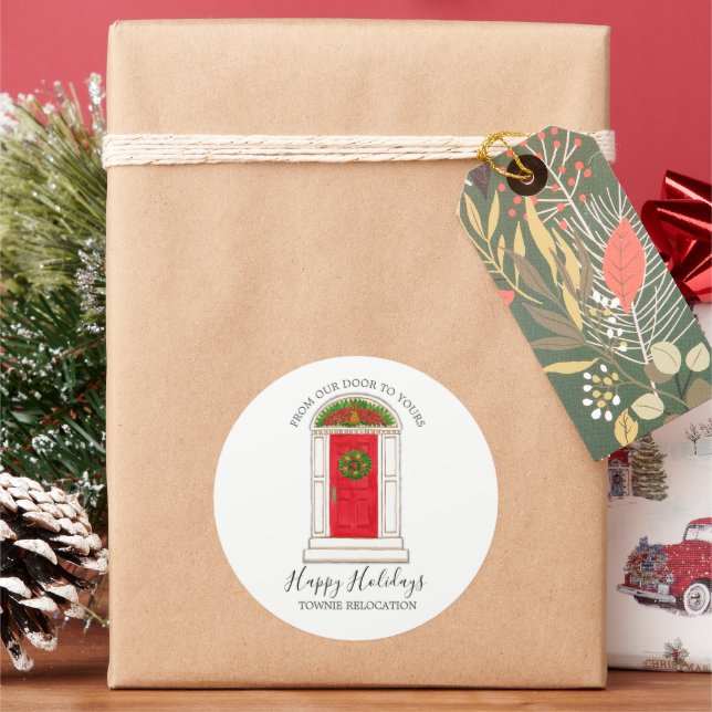 Pegatina Redonda Felices Fiestas Nuestra Puerta Rojo Piña Wreath (Vacaciones)