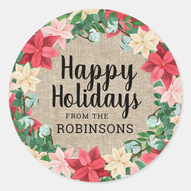 Pegatina Redonda Felices fiestas Poinsettia Brown Burlap (Anverso)