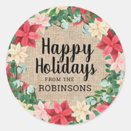 Pegatina Redonda Felices fiestas Poinsettia Brown Burlap