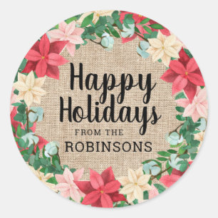 Pegatina Redonda Felices fiestas Poinsettia Brown Burlap