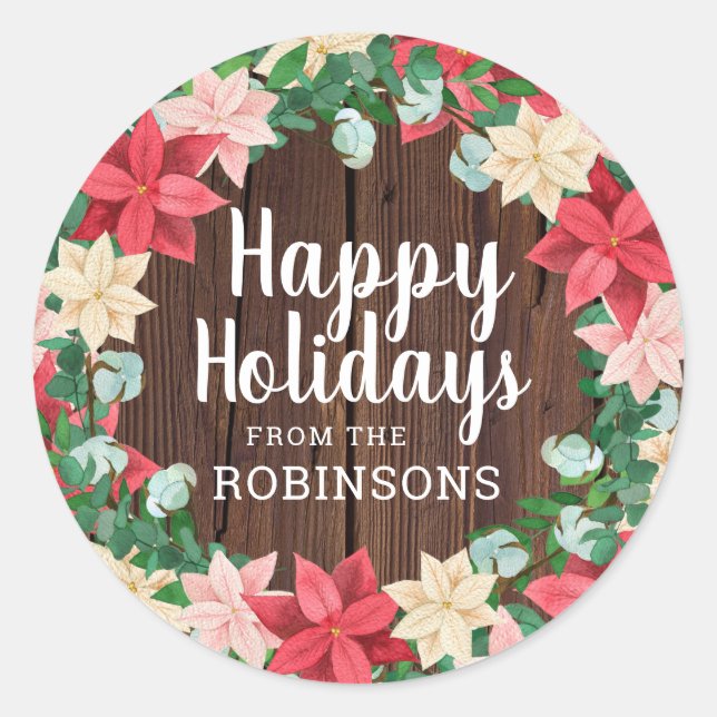 Pegatina Redonda Felices Fiestas Poinsettia Madera Oscura (Anverso)