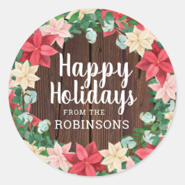 Pegatina Redonda Felices Fiestas Poinsettia Madera Oscura