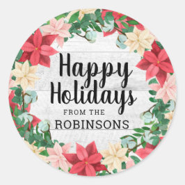 Pegatina Redonda Felices Fiestas Poinsettia White Wood