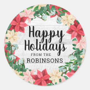Pegatina Redonda Felices Fiestas Poinsettia White Wood